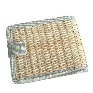 Raffia Straw Weave Rattan Bifold Wallet Snap Closure Tan Cream Boho Eco